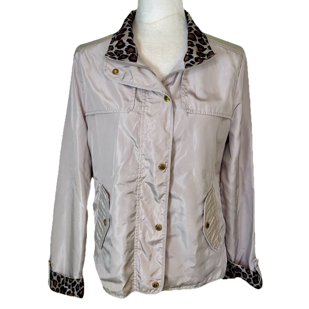 Cynthia Rowley Beige Lightweight Jacket Preppy Classic Chic Leopard Trim Sz Sm